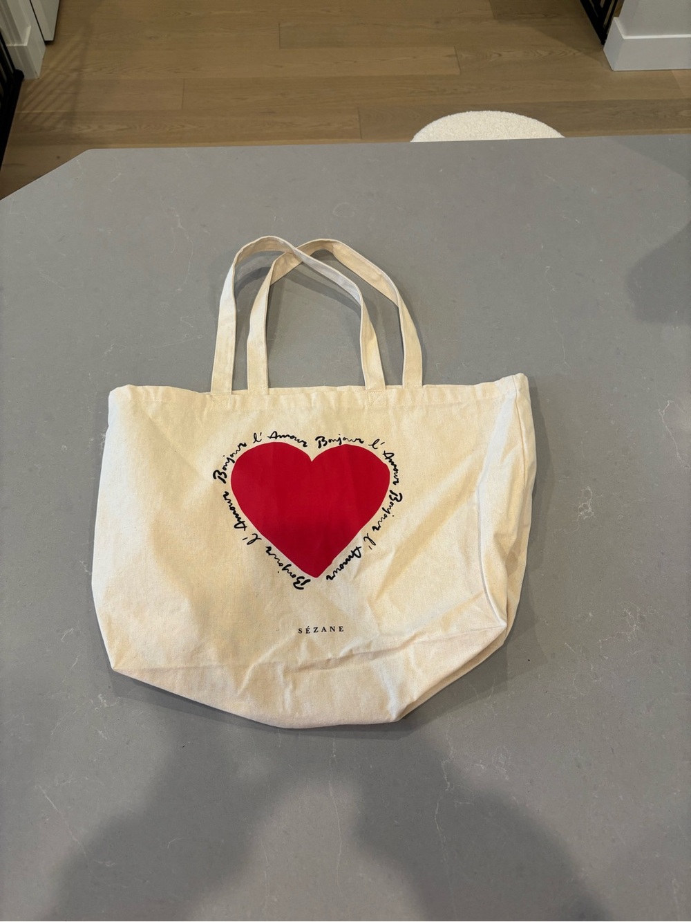 Sezane Cream Canvas Tote with Red Heart